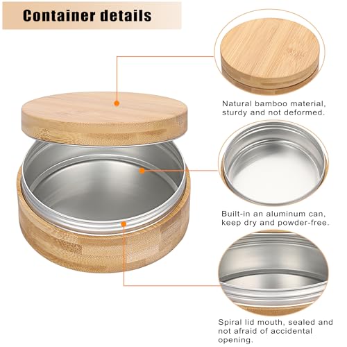 ELLDOO Body Powder Puff and Container, 10oz Empty Bamboo Case with Aluminum Inner Jar, Travel Loose Dusting Powder Storage Box with 2pcs Powder Puffs for Baby Women