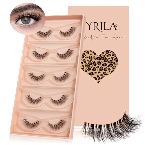 Natural Lashes 0.05mm PBT Fiber Lightweight Wispy Lashes, 0.1mm Superfine Invisible Clear Band 14mm False Eyelashes, 5 Pairs Fake Eyelashes Wispy Cat Eye Lashes(Glitz-5 Pairs Lashes Pack)