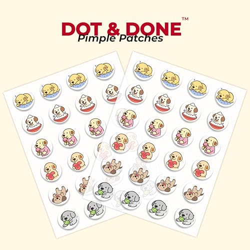 DOT & DONE Hydrocolloid Pimple Patches for Face, 48 Count 12 mm Round Acne Spot Dots with 6 Cute Dog Designs, Cute Pimple Patches for Teens & Adults, Day & Night Use, Buddy Dot Series