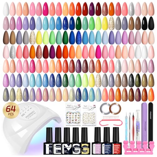 phoenixy Gel Nail Polish Kit with U V Light, 45 Colors All Seasons Soak Off 64 Pcs Gel Polish Nail Set with Base & Matte/Glossy/Glitter Top Coat Manicure Tools Complete Gel Nail Kit Gift for Women