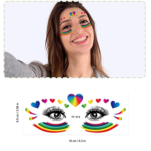10 Sheets Gay Pride Face Temporary Tattoo Sticker, Rainbow Stripes Heart Star Butterfly Pattern Stickers, LGBT Facial Makeup Sticker for Pride Equality Party Parade Decoration Supplies