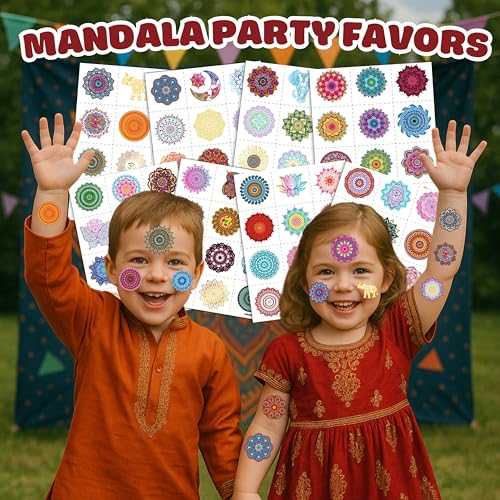 96PCS Pre-Cut Mandala Temporary Tattoos - Indian Decorations Themed Stickers for Boys and Girls Birthday Party Supplies, Decorations, Favors, and Prizes - Cute Gifts