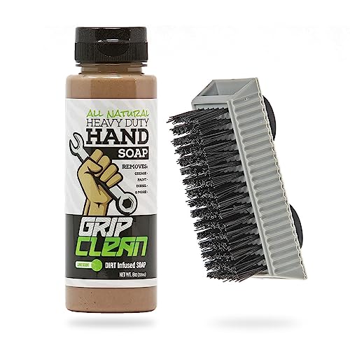 Grip Clean Heavy-Duty Hand Cleaner for Mechanics with Nail Brush - Moisturizing Coconut Oil Hand Cleaner Liquid Hand Soap with Stiff Bristle Nail Brush, Lime Scent ? 8 Fl Oz Squeeze Bottle + Brush
