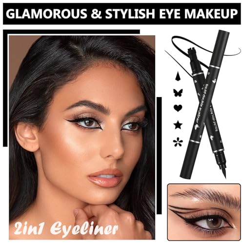 5PCS Waterproof Liquid Eyeliner Stamps,Black Stamp Eyeliner Pen,Double-Side Eye Liner Stamp,Smudge Proof Eye Liner Pen Star,Heart,Butterfly,Flower,Cone,Eye Face Stamp Tattoo Tools