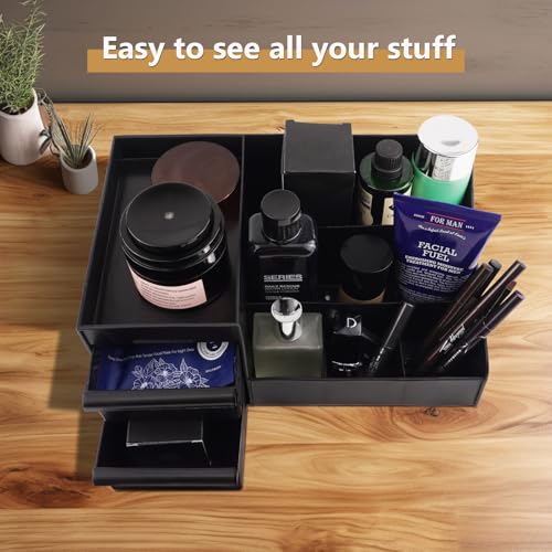 Black Vanity Organizer with Drawers ? Large Mens Countertop Storage Box for Cologne, Skincare, Makeup, Perfume ? Waterproof Dresser Organizer for Bathroom, Bedroom, Desk