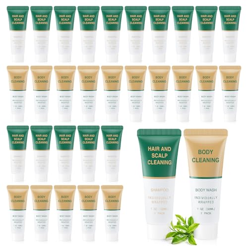 Shampoo and Body Wash Bulk,Travel Size Individually Wrapped Hotel Mini Shower Gel and Shampoo Small Cleansing Toiletries Amenities Men Women for Hotel/Vacation/Homeless 1 Fl Oz (Pack of 60)