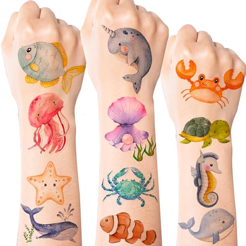 144 PCS Ocean Sea Animal Temporary Tattoos Fish Shark Turtle Tattoos Under The Sea Creature Birthday Party Favors for Ocean Animals Baby Shower Decorations Ocean Themed Birthday Party Supplies