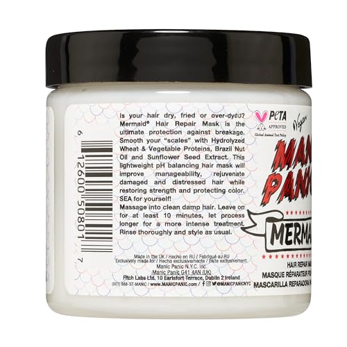 MANIC PANIC Mermaid Mask - pH Balanced Hair Treatment for Dry Damaged Hair Formulated with Hydrolyzed Wheat, Vegetable Proteins, Sunflower Seed + Brazil Nut Oil - Vegan, Unscented Hair Care (4oz)