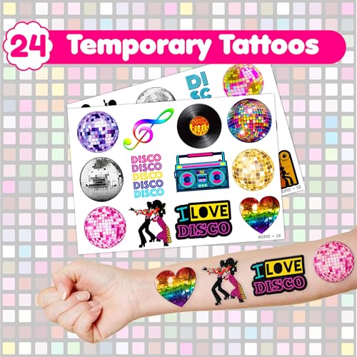 48PCS 70s Disco Party Set - 24PCS Temporary Tattoos & 24PCS Slap Bracelets - Retro Disco-Themed Birthday Supplies, Baby Shower Gifts, Classroom Rewards & Party Decor for Kids (Boys & Girls)