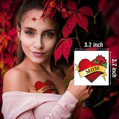 7-Sheet Mom Heart Temporary Tattoos, Fake Tattoos for Women, Girls, Men and Kids, Love Rose Mom Tattoo Stickers for Mothers Day
