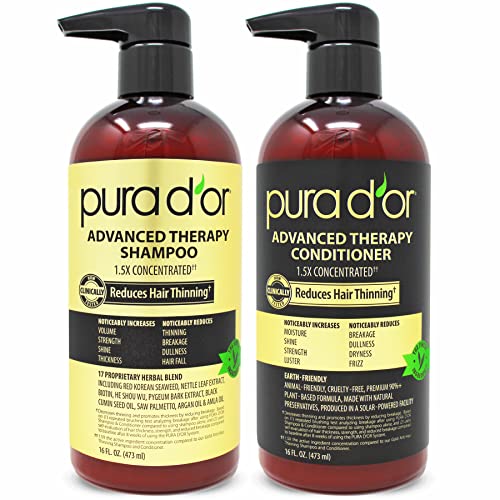 PURA D'OR Anti-Thinning Advanced Therapy Biotin Shampoo & Conditioner Hair Care Set & Organic Moroccan Argan Oil (4oz / 118mL) USDA Certified 100%