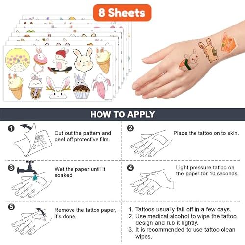 Bunny Temporary Tattoos 8 Sheets 85PCS Rabbit Bunny Party Decorations Favors Supplies Easter Bunny Theme Birthday Cute Tattoo Stickers Christmas Gifts for Boys Girls Kids Class School Prizes Carnival