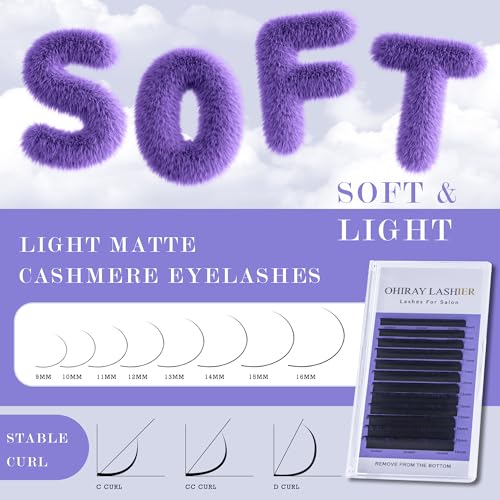 Ohiray Cashmere Lash Extensions,C CC D DD J B L Curl,Matte Black Classic Eyelashes Tray,Pesta?as Eyelash Extension Supplies for Lash Tech-(8-16mm-D-0.05)