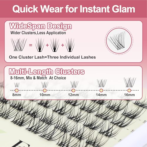 Natural Wispy Soft Lash Clusters with 0.05mm Invisible Band, C Curl 8-16mm, DIY Salon Effect Lightweight Lash Extensions, FayJoo AIRY 11 Lash Only