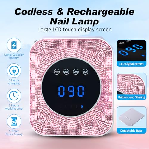 Belovedone UV Nail Lamp, 72W Rechargeable LED Gel Nail Light Dryer for Gel Polish 4 Timer Modes Cordless Bling Pink Diamond Rhinestones for Salon & Home