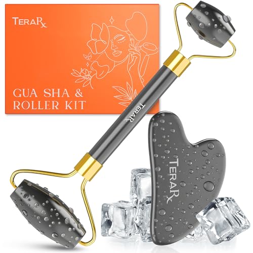 TeraRX¢ç Terahertz Gua Sha & Facial Roller Set ? 100% Authentic Terahertz Stone Face Roller to Reduce Puffiness, Improve Wrinkle Lines & Relieve Facial Tension ? Perfect for Eye Massage and Relaxation