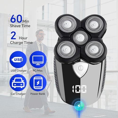 Bald Head Shaver,Electric Head Shavers for Bald Men, 5-in-1 Head and Face Grooming Kit, Waterproof Cordless Rotary Razor and USB Rechargeable,Gifts for Men
