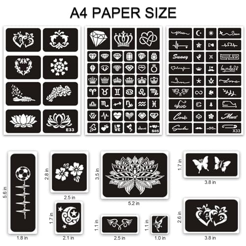 Temporary Tattoo Stencils for Women Girls and Kids, 410+ PCS Henna Tattoo Stencil Kit,Temporary Indian Arabian Glitter Airbrush Tattoo Stencils for Face Body Paint DIY