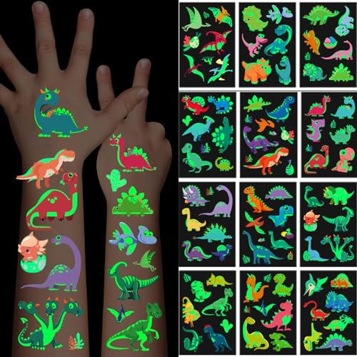 Luminous Temporary Tattoos, 102Pcs Dinosaur Cartoon Glow in the Dark Tattoos, Waterproof Fake Tattoos Body Face Stickers Designs Decorations, Birthday Party Favor Supplies Gifts