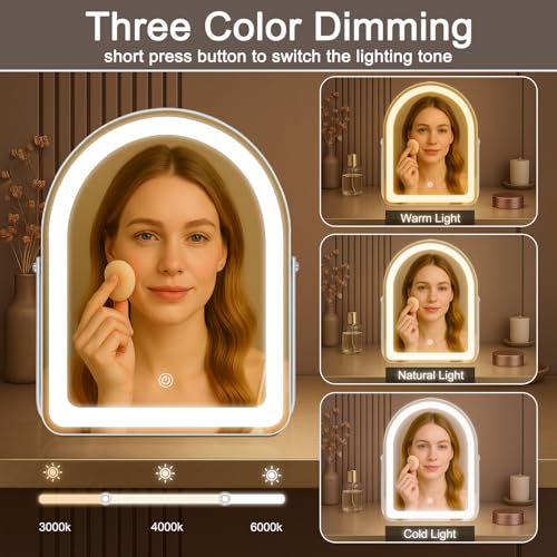 12 Inch LED Vanity Makeup Mirror with Lights, Metal Frame Lighted Tabletop Mirror with 3 Color Dimmable Touch Control, 360¡Æ Rotation Perfect for Desk or Dressing Room