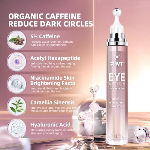 RWT 5% Caffeine Eye Serum & Under Eye Roller Cream for Dark Circles and Puffiness Eye Care Eye Roller Serum with 360¡Æ Massage Ball Eye Treatment Serum for Women