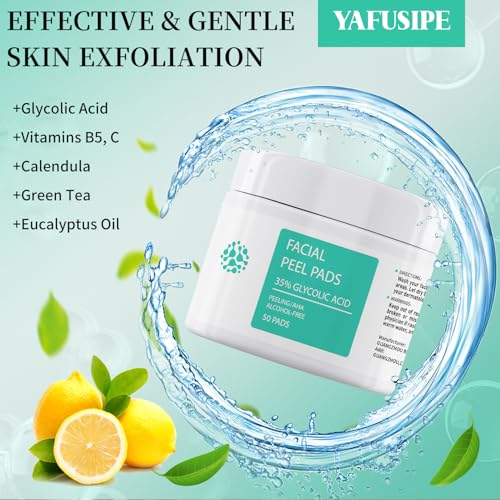 Glycolic Acid Toner Pads 35% AHA Facial Resurfacing Exfoliate Salicylic Acid Exfoliating Face Wipes Chemical Peel Exfoliant Peeling Glycolic Peel Pad for Wrinkles Acne Blemish 50 Pads
