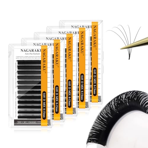 NAGARAKU Easy Fan Eyelash Extensions Volume Lashes 5 Trays in 1 Pack Easy Fanning Pesta?as Lash Extension Rapid Blooming Soft Clusters for Beginners Beauty Salon (0.05 D Curl 8-15mm Mix)