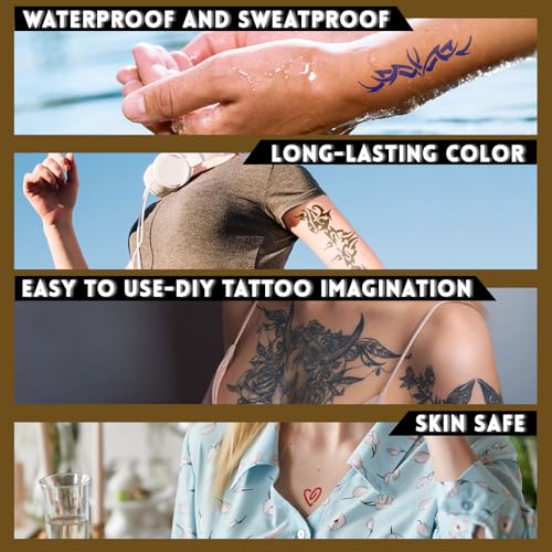Temporary Tattoo Stencil Kit, 4 Pcs Tattoo Cones 4 Color (Black/Maroon/Cherry Red/Blue) 44 Tattoos Templates and Cotton Swabs, DIY Body Art Skin Painting Designs for Valentine's Gifts