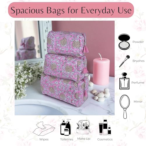 Quilted Floral Block Print Makeup Bag Set of 3 ? Cotton Travel Toiletry and Makeup Organizer, Cosmetic Pouch, Toiletry Bag for Women, Cute Boho Coquette Make Up Bags for Women (Small, Medium, Large)
