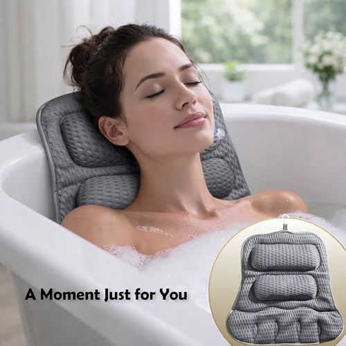 Bath Pillows for Tub, Full-Body Relaxation with Head, Neck & Shoulder Support, Ergonomic Design, 10 Suction Cups, Breathable 4D Air Mesh (Grey)