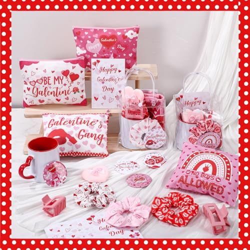 48 Pcs Galentine's Day Gifts Set Include Hairpin, Hair Scrunchies, Mug, Makeup Bags, Cards, Makeup Puff, Clear Gift Bag, Mirrors for Women Galentines Day Party Favors Bestie Valentine Friend