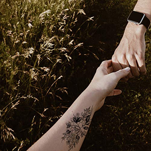 10 Sheets Waterproof Temporary Tattoo Stickers 3D Black Branch Rose Peony Flower Girls Blossom Waterproof Arm Leaf Sexy Arm Chains Pattern Perfect for Parties, Events and More