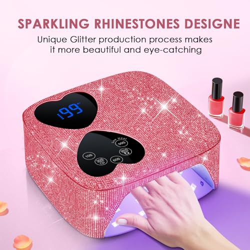 UV LED Nail Lamp Cordless, HUITINE 80W Rechargeable UV Light for Gel Nails with 5 Timers & Mirror Base, Professional Gel Light Dryer, Sparkling Rhinestones Curing Lamp for Salon & Home (Pink Diamond)