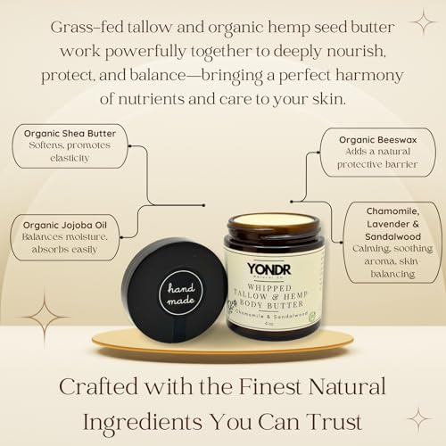 Tallow & Hemp Body Butter ? Whipped Grass?Fed Tallow + Hemp Seed Butter ? Calming Chamomile/Sandalwood/Lavender ? Deep Hydration for Dry & Sensitive Skin (4 oz)