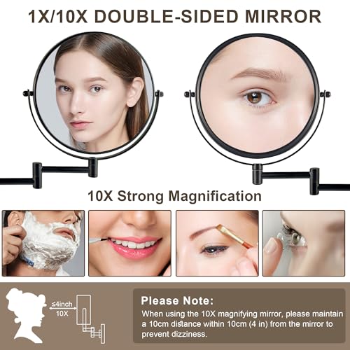JANEEVA 8" Wall Mounted Makeup Mirror, 1X/10X Magnifying Mirror with 360¡Æ Extendable Arm, Double Sided Bathroom Vanity Mirror for Man & Woman (Matte Black)