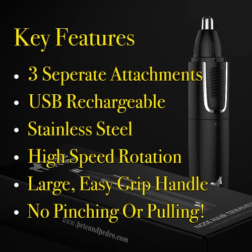 Pete & Pedro Nose & Ear Hair Trimmer ? Clipper Has 3 Attachments for Nose/Ear, Eyebrows Trimming, & Facial Hair Detailing | Men & Women, Stainless Steel, Wet/Dry, USB | As Seen on Shark Tank