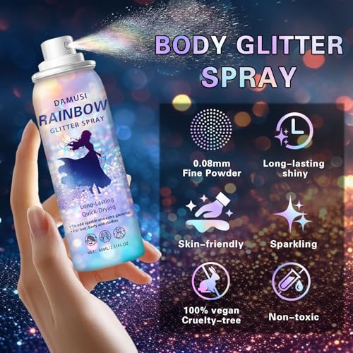 DAMUSI Silver Body Glitter Spray, Shiny Hair and Body Glitter Spray for Clothes, Holographic Glitter Hairspray Quick-Drying Long-Lasting Shimmer Highlighter Powder for Festival Concert Party Rave Prom