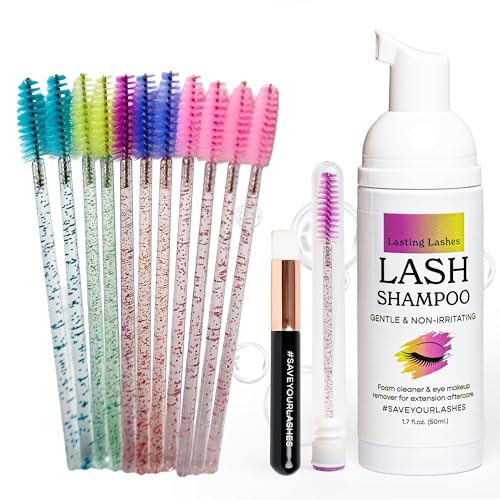 Eyelash Extension Shampoo | Eyelash Extension Cleanser with Brush and 12 Spoolies | Safe and Gentle Wash for Extensions and Natural Lashes | 1.7 fl oz 50ml Lash Shampoo