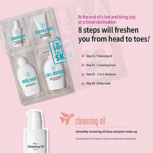 I'M SORRY FOR MY SKIN 8-Step Skincare Travel Essentials Kit, Korean Skin Care Set All in 1, Face Wash, Body Cleansing, Face Moisturizer, Girls Trip and Gift for Women, 8 Products in One (3 set)