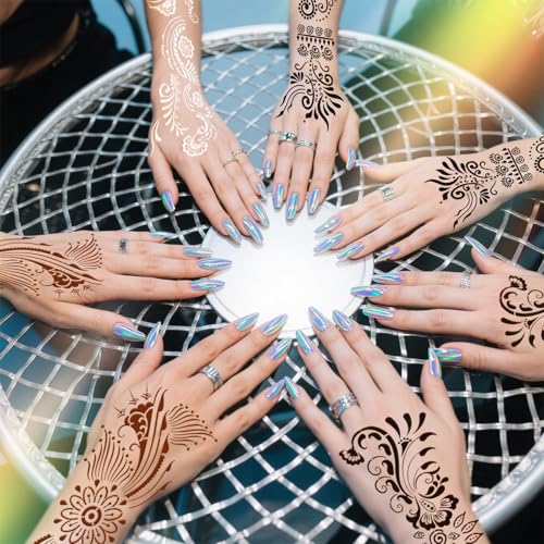 10 Sheets Temporary Tattoo Stencils - Henna Tattoo Stencil Kit, Self-Adhesive Indian Arabian Templates for Hand and Body Paint - New Designs, Temporary Tattoo Stickers