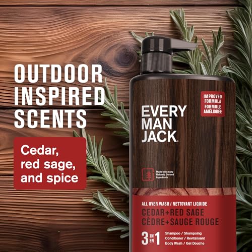 Every Man Jack Cedar + Red Sage Hydrating Mens 3-in-1 All Over Wash for All Skin and Hair Types - Body Wash, Shampoo and Conditioner with Naturally Derived Ingredients - 28.8oz (2 Pack)