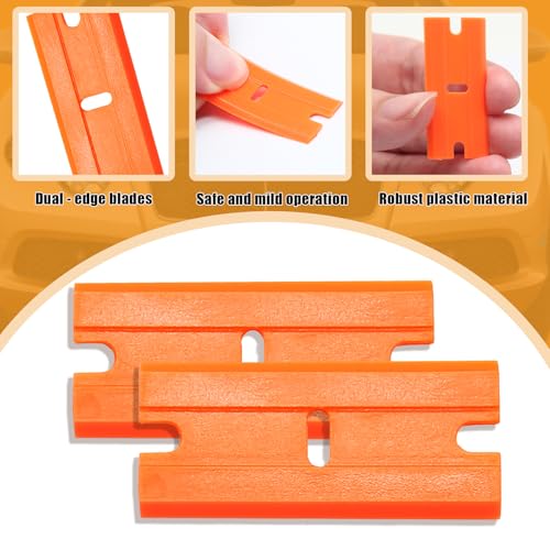 100 Pack Edged Plastic Blade, Safety Razor Blades Plastic Scraper Lightweight Replacement Blades, Easy Removal Tool for Decals Stickers Adhesive Label Glass Clean DIY, Orange