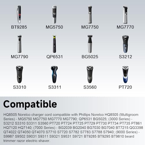 HQ8505 Charger Cord Compatible with Philips Norelco Series 3000 5000 6000 7000 9000 (Older Shaver), Multigroom MG5750 MG7750 MG7770 MG7790, BG7040 BG7030 BG5025 S9987 Electric Shaver Razor Trimmer