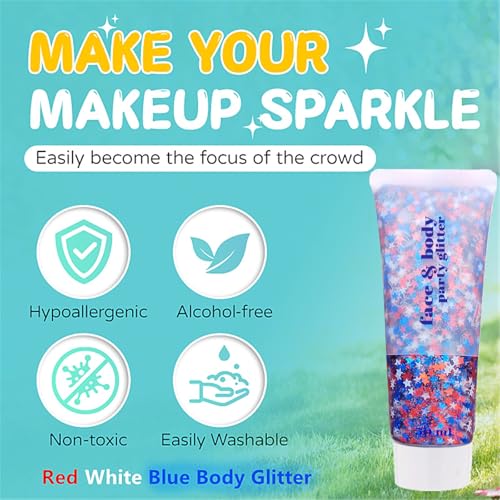 Go Ho 4th of July Outfits for Women&Kids Glitters Makeup,Red White and Blue Face Body Glitter,Fourth of July Accessories,Holographic Patriotic Chunky Glitter Freckles Star for Independence Day