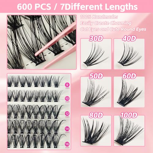 Lash Clusters Kit Eyelash Extension Eye Lashes Individual Natural Waterproof Fluffy Wispy D Curl DIY,9-16mm Bond and Seal Tweezers 30D+40D+50D+60D+80D+100D