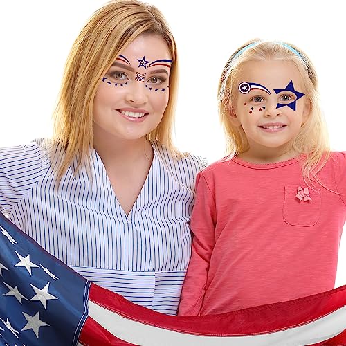 HOWAF 4th of July Face Tattoo Stickers, 10Pcs USA Independence Day Facial Makeup Stickers, Patriotic Fake Tattoos, Waterproof, Red, White, Blue