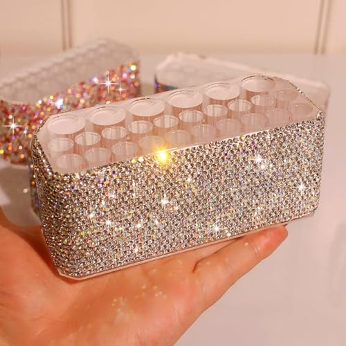 Bling Acrylic 26-Slot Makeup Brush and Pen Organizer Display Stand for Eyebrow Pencils, Ballpoint Pens, Eyeliners, and More(Silver)