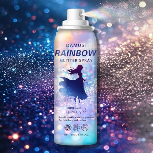 DAMUSI Silver Body Glitter Spray, Shiny Hair and Body Glitter Spray for Clothes, Holographic Glitter Hairspray Quick-Drying Long-Lasting Shimmer Highlighter Powder for Festival Concert Party Rave Prom
