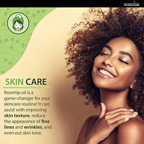 GreenIVe Rosehip Oil Rosa Canina 100% Pure Cold Pressed Virgin Oil Glass Dropper Easy Application (2 Fl Oz)