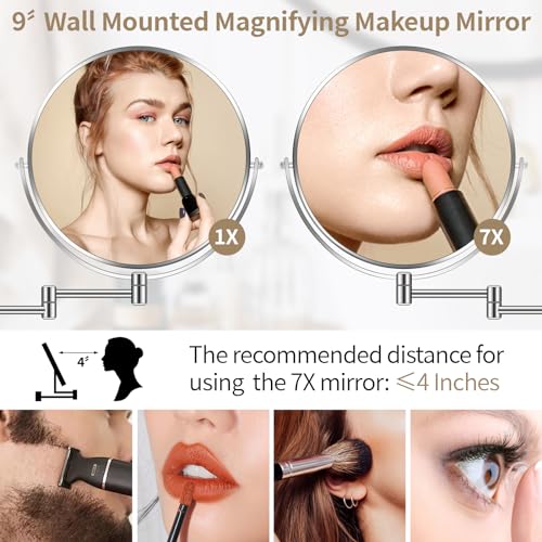 9¡± Large Wall Mounted Makeup Mirror 1X/7X Double-Side Bathroom Magnifying Mirror 360 Swivel Vanity Mirror Extendable Shaving Wall Mount Cosmetic Mirror for Men and Women, Chrome